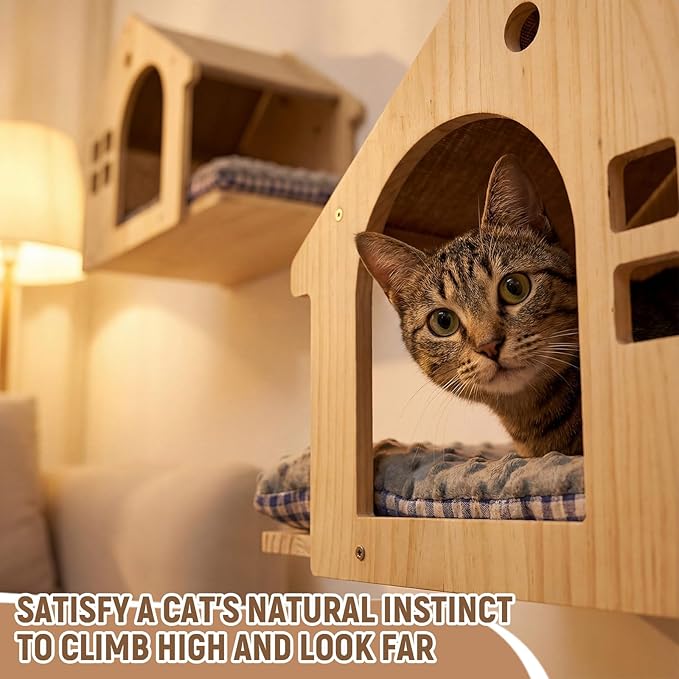 2 Pack Wall Mounted Cat Furniture, 16.5"x11" Solid Wood Cat Wall Shelves with Pillow Cushions, Wall-Mounted Box Condo House Perches, Stable Design for Small to Medium Cats, Space Saving