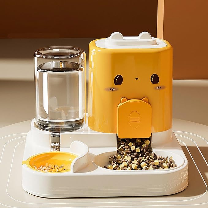 2 in 1 Automatic Pet Feeder with Water Dispenser, 1800ml Large Capacity Food Bowl for Cats and Small Dogs, Detachable Design for Easy Cleaning- Yellow