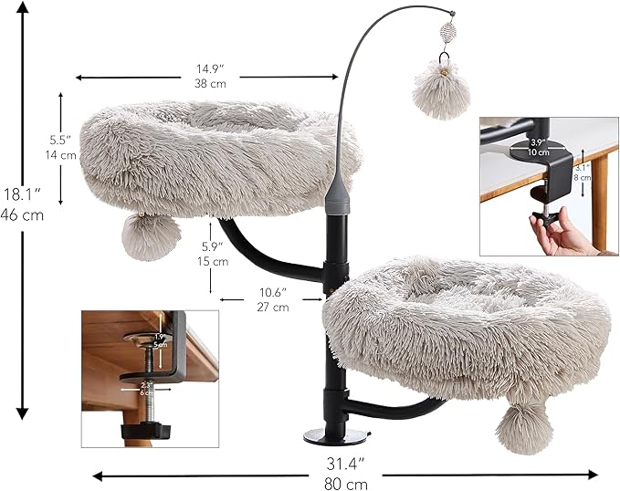 Catry Cat Desk Mount Double Perches for Indoor Cats, Pet Beds for Desk, Level Adjustable 3 Position Rotation, Space Save Desk Beds for Multi-Cat Home, Light Grey