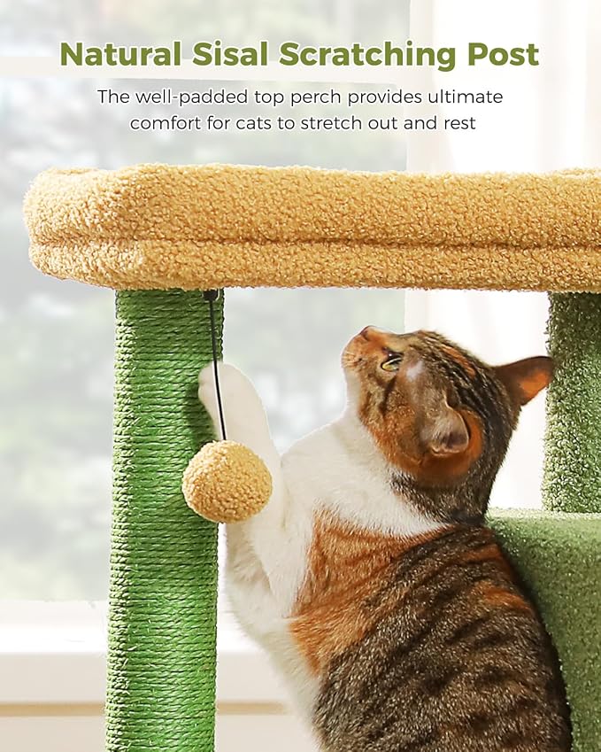 32" Cactus Cat Tree Tower for Indoor Cats - 2 Cozy Condos, Multi-Level Cat Scratching Posts with Sisal, Soft Padded Perch, 2 Dangling Toys, Green