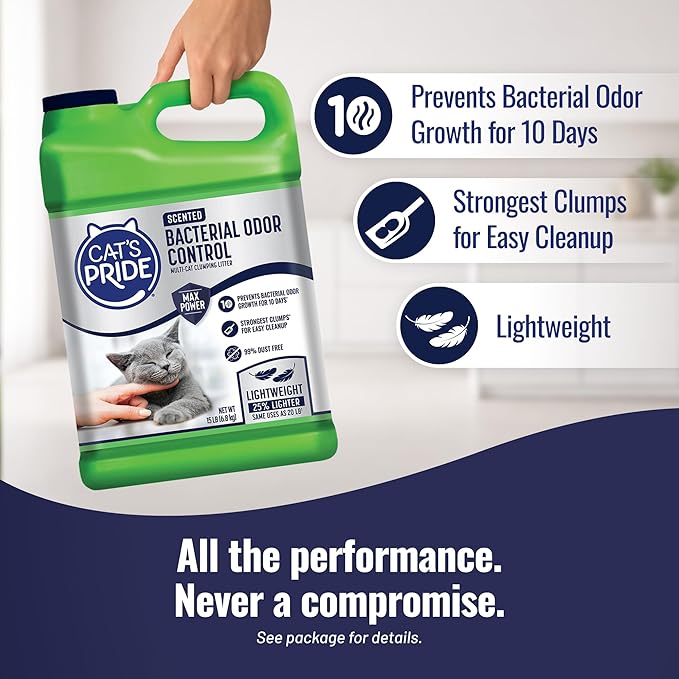 Cat's Pride Max Power: Bacterial Odor Control - Up to 10 Days of Powerful Odor Control - Strong Clumping - 99% Dust Free - Multi-Cat Litter, Fresh Scented, 15 Pounds