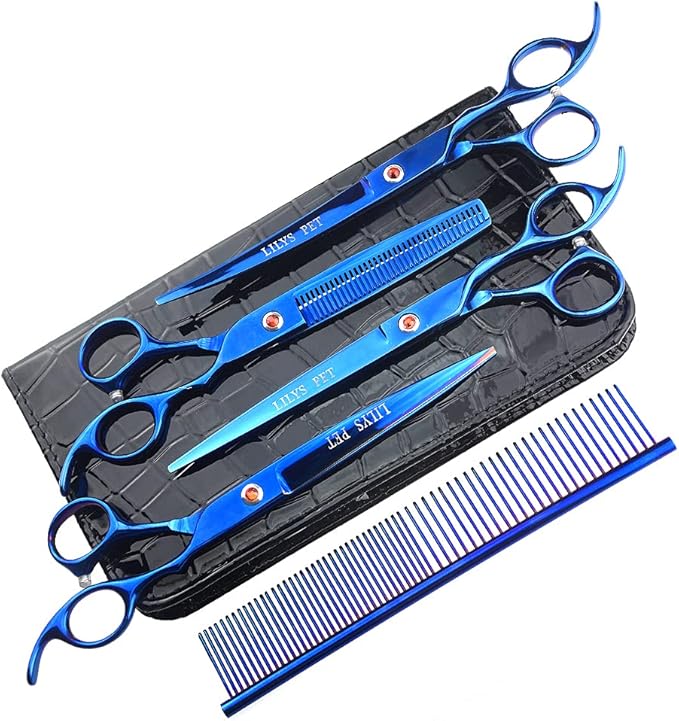 Professional PET DOG Grooming Coated Titanium scissors suit Cutting&Curved&Thinning shears (7.0 inches, Blue)…
