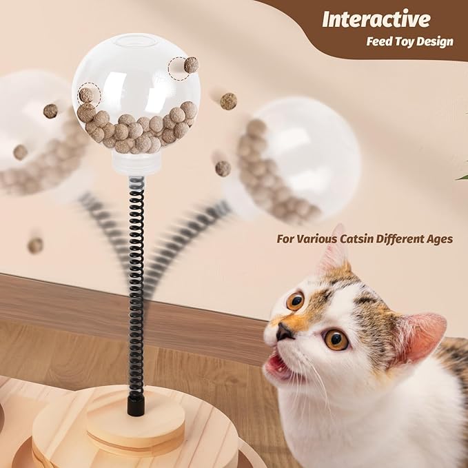 4 in 1 Cat Scratching Post. Wooden Kitten Scratching Post. Kitten Toys for Indoor Cats with Leaky Food Ball and 2 Sisal Hanging Balls. 15.7" Cat Scratcher with 2 Cat Ball Tracks for Kittens