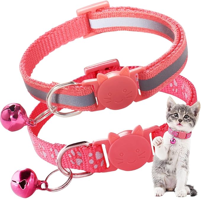 2 Pack Breakaway Cat Collar with Bells, Red Reflective Kitten Collars Claw Print Safety Buckle Adjustable for Girl and Boy Kitty Pets