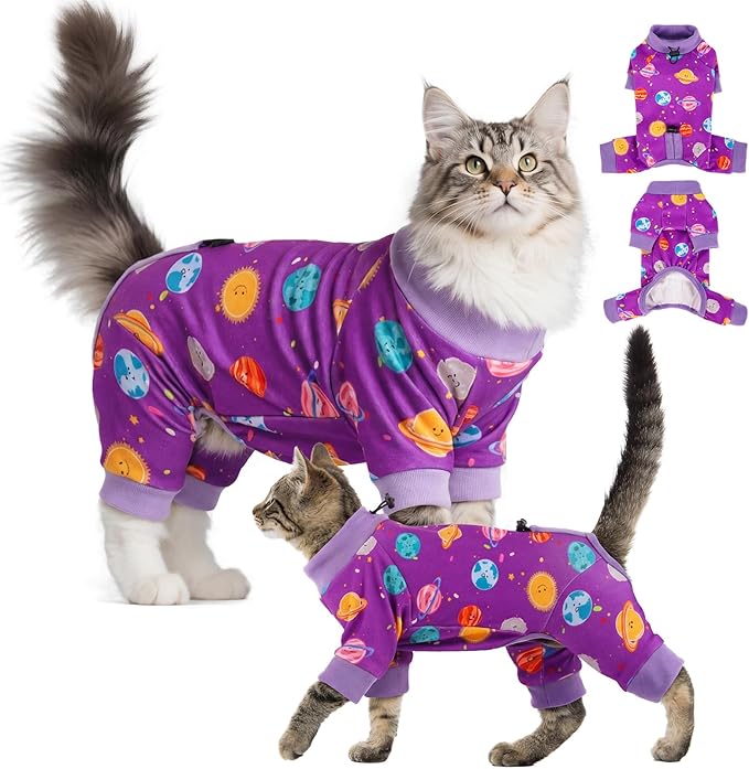 Sticky Hair Cat Clothes, Anti-Shedding Cat Pajamas, Post-Surgery Recovery Onesie, Soft Breathable, Prevents Licking & Scratching Wounds, Warm Cats Sweater, Sphynx Cats Clothing- Purple XS