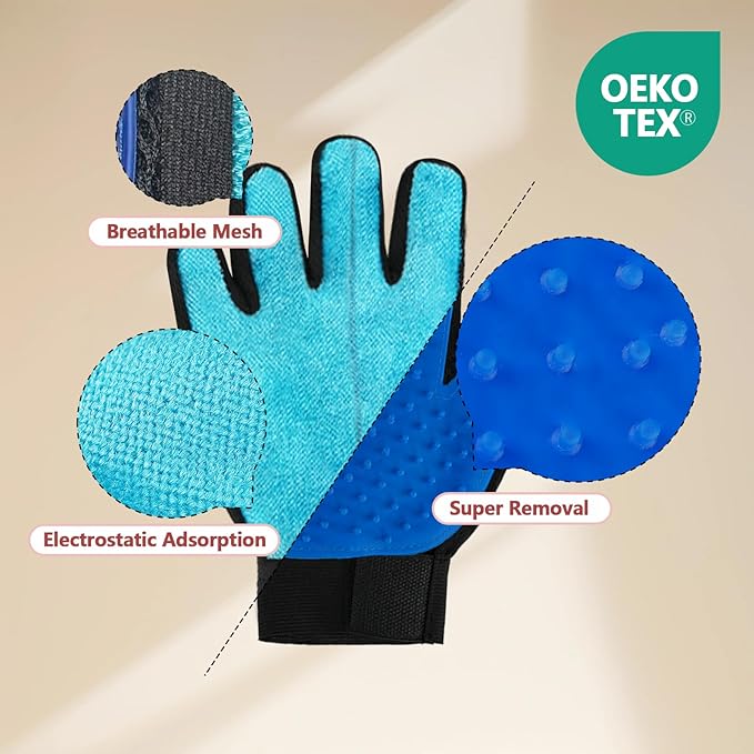 Multi-Function Double-Sided Grooming Glove – Electrostatic Pet Hair Removal Mitt for Dogs & Cats, Gentle Brush & Fur Cleaner for Furniture & Clothing 1pcs (Blue, Left Hand)