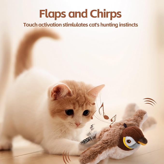 LIFLIX Flappy Bird Cat Toy for Indoor Cats, Simulated Chirping Flapping Wings Bird, Interactive Catnip Toys, Plush Kitten Exercise Toys (Brown Sparrow)