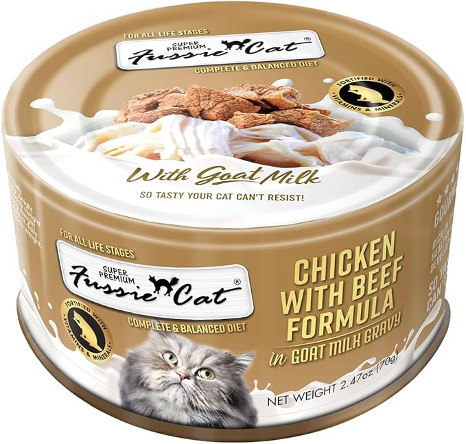 Fussie Cat Wet Canned Cat Food in Goat Milk, Chicken&Beef Formula, 2.47-oz cans, case of 24, Bundle Pack with HS Can Lid