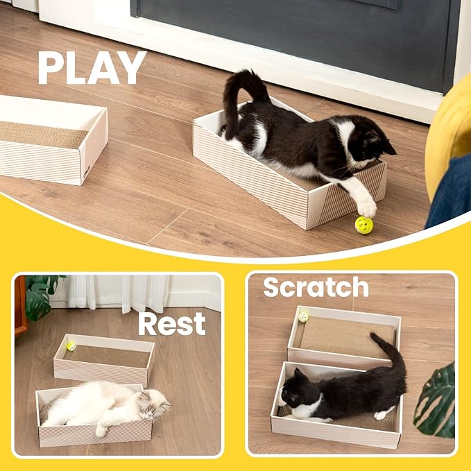 Conlun Cat Scratcher Box with 4 Scratching Pads&2 Separate Cardboard Boxes,2-in-1 Cardboard Cat Scratch for Multiple Kitten Interactive Play,Birthdays Holiday Toys Gift,Gradient-Ball Toy