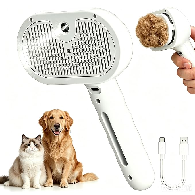 Pet Spray Grooming Brush, Cat & Dog Hair Removal Comb, Electric Mist Deshedding Tool, Self-Cleaning Pet Brush for Shedding, Tangles & Flying Fur Control (White)