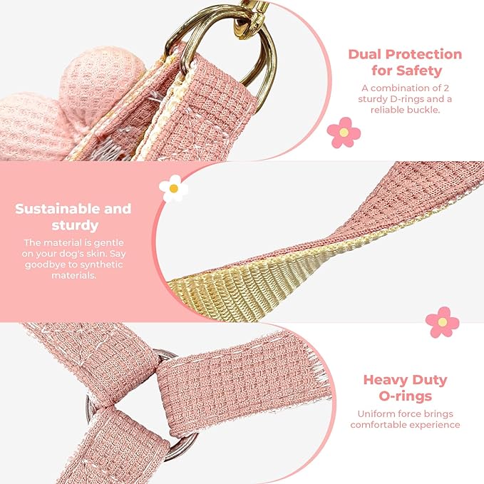PETCARE Cute Flower Dog Harness and Bowtie Leash Set Easy Walk Puppy Dog Halter Harnesses for Small Dogs Girl Step in Dogs Harness with Buckle (Pink, Chest Adjustable 11"-17", Rope Width 0.59")