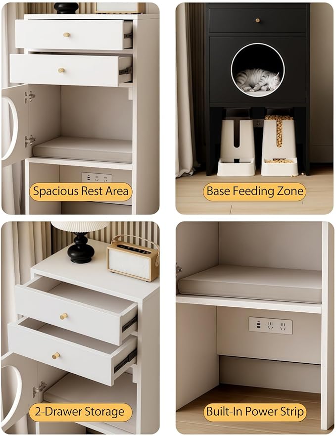 Multi-Function Cat House Furniture, Solid Wood Cat Condo with Storage Drawer, Pet Bed & Feeding Area, Compact Cat Cabinet (White,19.6" L*15.7" W*41.3" H)