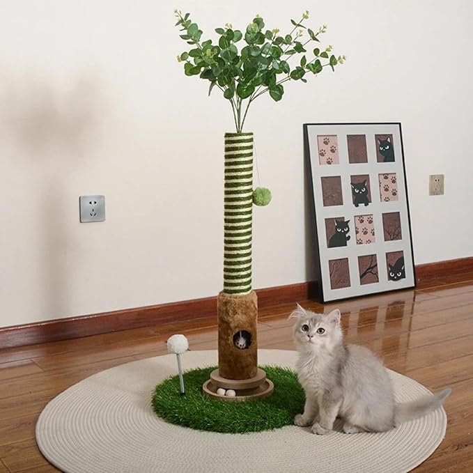 Cat Scratching Post, Two Tone Tall Sisal Scratch Pole For Indoor Cats,Artificial Turf Base Cat Tower With Hanging Toy,Double Ball Track & Simulated Mouse Hole,Strong Post For Kittens/Cats (35 in Post)