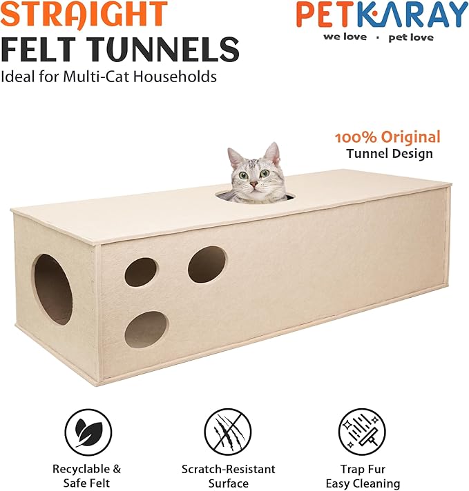 PETKARAY Cat Tunnel, Original Cat Hideaway Cave for Indoor Cats, Large Kitten Play Tubes and Tunnels, Soft Felt Cat Toy with Interactive Peek Hole, Beige Straight