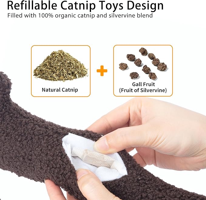 ETEKYER Refillable Catnip Toys, 13.77 Inches Cat Toys for Indoor Cats with Crinkle, Safe Teeth Cleaning Cat Kicker Toys, Interactive Plush Kitten Nip Chew Toys and All Breeds (Brown)
