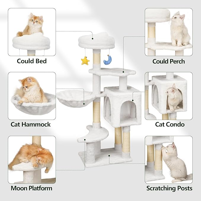 Meecal 43-Inch Cat Tree,Cute Cloud Cat Tree for Kittens & Small Cats Under 6 Months 9lbs, Cat Tower with Scratching Post, Double Condos, Plush Hammock & Dangling Toys, White