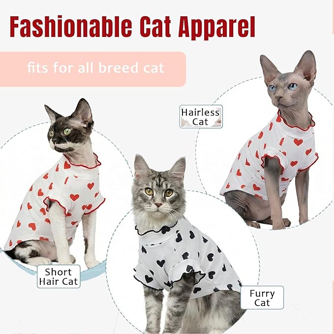 DENTRUN Heart Pattern Sphynx Hairless Cats Shirt, Kitten T-Shirts with Perlin Sleeves, Breathable Cat Wear Cute Sweater Adorable Hairless Cat's Clothes Vest Pajamas Jumpsuit