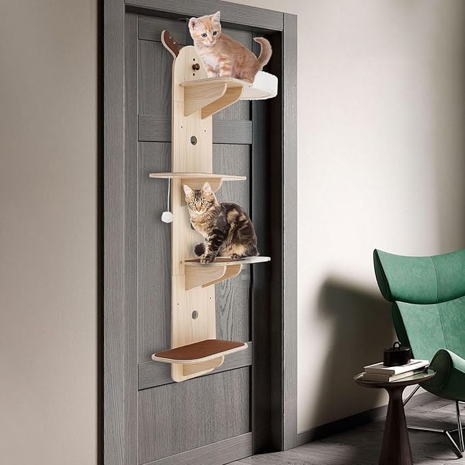 Door Hanging Cat Tree,4-Tier Door Mounted Cat Climbing Frame,Cats Tree Hanger Mounted Cats Shelves,Wooden Cat Ladder,Pet Jump Shelf for Stair,Foyer,Living Room,Enclosed Balcony (with Cat Nest)