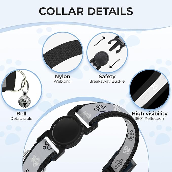 Cat Collar Breakaway, Reflective Kitten Collar with Bell, Safety Buckle Kitten Collar, Lightweight, Adjustable, Comfortable, Suitable for Boy Girl Cats (7"-13") Black