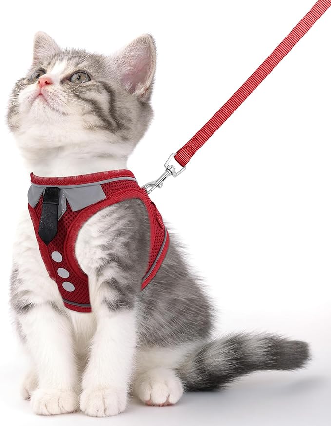 Cat Harness and Leash Set for Walking Escape Proof, Soft Adjustable Kitten Harness Breathable Mesh with Reflective Strips Harness for Kitty Puppy Bunny(Red,S)