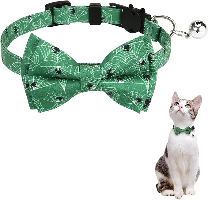 Halloween Cat Collar, Adjustable Kitten Halloween Collars with Bow Tie and Bell, Breakaway Kittens Collar for Girl Boy Cats Kittens (Green)