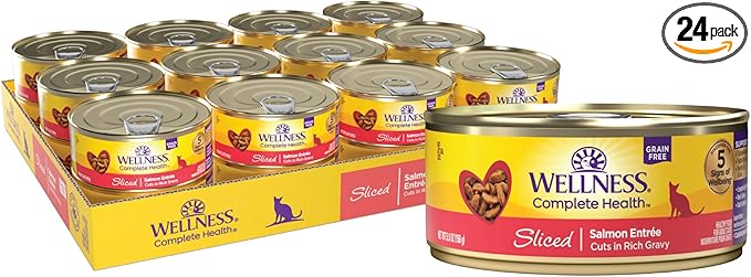 Wellness Complete Health Sliced Adult Canned Wet Cat Food, Natural, Protein Rich, Grain Free, Salmon Entrée Recipe, 5.5 oz, Pack of 24 Cans