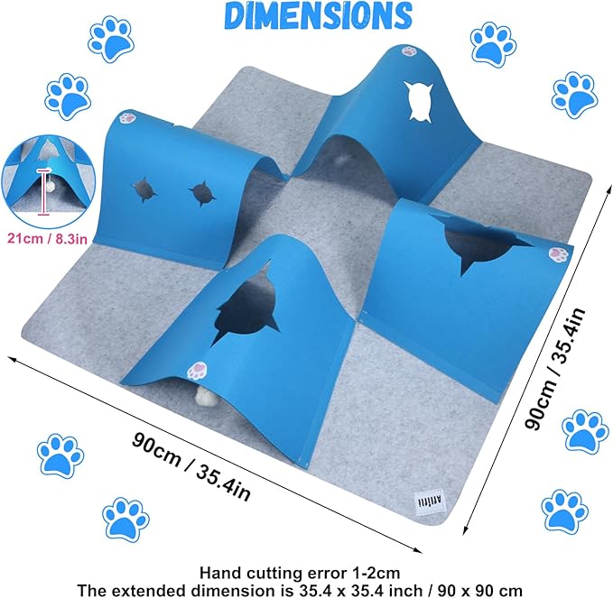 35.4" Large Interactive Felt Cat Activity Play Mat – Ripple Style Hide & Seek Tunnel with Hanging Ball, Foldable Snuffle Mat for Indoor Cats, Kittens, Rabbits, Small Pets, Blue