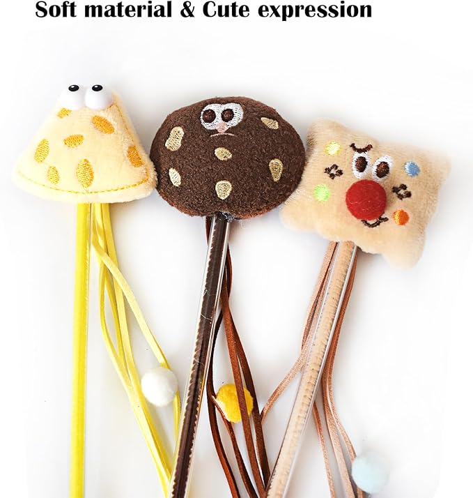 Cat Wands for Indoor, Interactive Teasing Stick Plush Cheese & Toast with Tassel Balls Cute Kitten Wand Safe Kitty Toy for All Breed Size