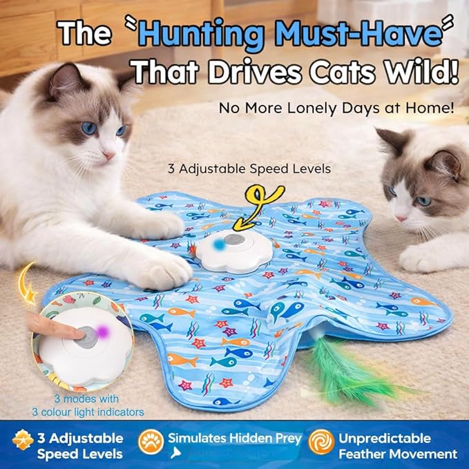 Rotating Interactive Cat Toys with Squeaker for Interactive Playing, Anxiety Relief Boredom Rechargeable Automatic Moving Concealed Feathers Toys Touch Activated for Indoor Adult Cats and Kittens
