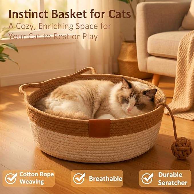 Instinct Basket for Cats - Handwoven Cotton Rope Enrichment Bed with Attached Toy Tail, Scratchable Interactive Pet Nest Features Flexible Walls to Fight Boredom & Protect Furniture (Brown, M)