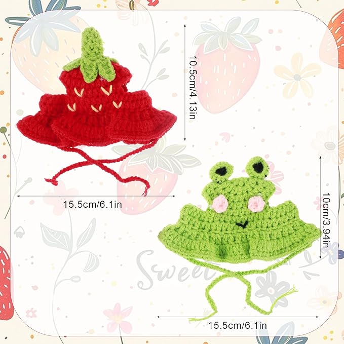 2pcs Cat Crochet Hat Crochet Hats for Kittens Cute Knitted Hat Frog and Strawberry Cat Hats Cartoon Strawberry Design Knit Cotton Soft Only Puppy Small Pets On Christmas Birthday Party Halloween