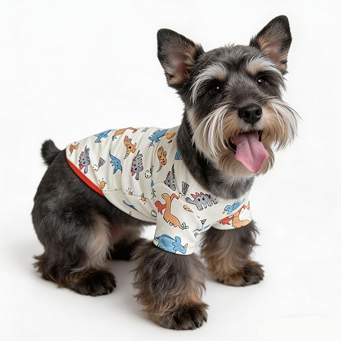 Cute Dog Shirt, Stretchy Dino Doggie T-Shirt Clothes for Small Dogs, Soft Pet Tee Outfit Cat Apparel for Daily Wear, Cozy Pullover Design Puppy Apperal (Dino Cartoon, Medium Size for 5.5-8.5lb Pets)