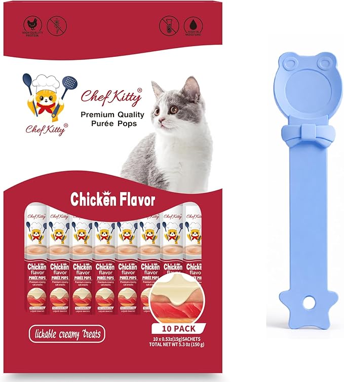 Purée Pops + Blue Feeding Spoon, Grain-Free, Lickable, Squeezable Creamy Cat Treat/Topper, 10 Tubes, Chicken Flavor