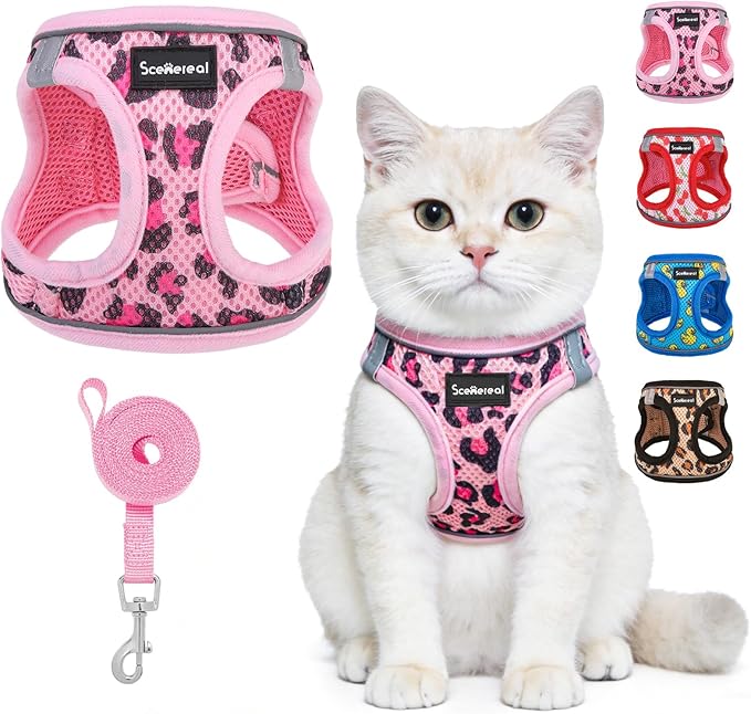 SCENEREAL Cat Harness & Leash Set Escape Proof - Adjustable Air Mesh Vest with Reflective Strips for Kittens, Puppies, Rabbits, Pink Leopard S