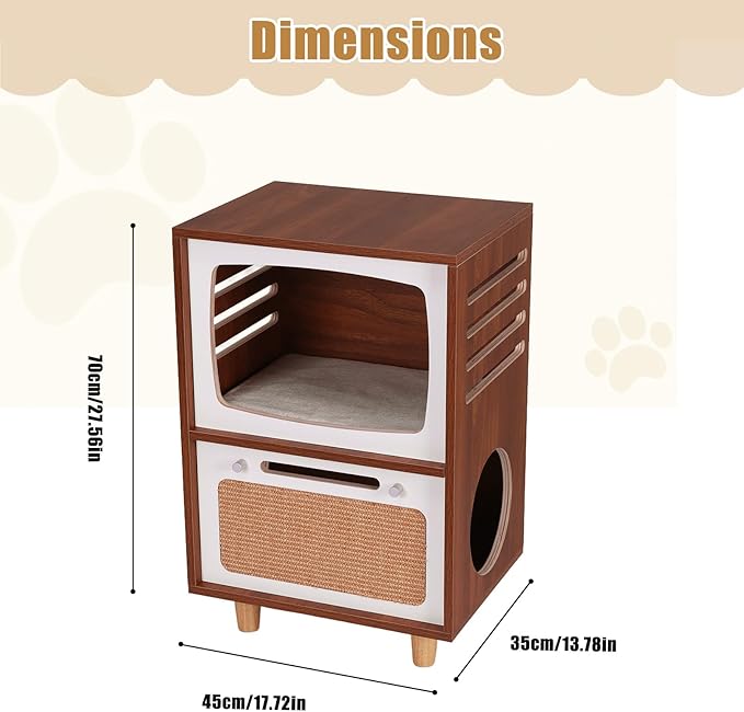 2-in-1 Wood Cat House & Side Table with Scratching Board - Retro TV Style Multi-Level Cat Bed and Furniture for Indoor Cats, Functional Home Decor for Living Room & Bedroom