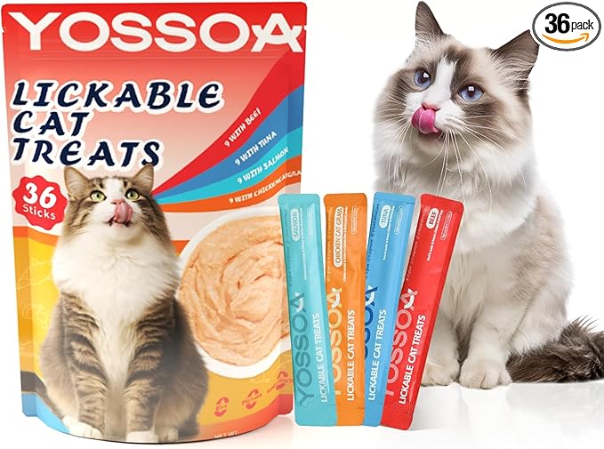 Lickable Cat Treats Variety Pack - 36 Sticks Wet Cat Treat Puree with Taurine, Fish Oil & Vitamins - Grain Free Lickable Puree for Immune & Heart Support for Picky Eaters (4 Variety Flavors)