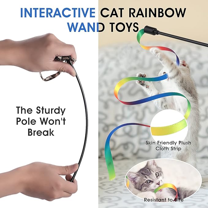 cobee 3 Pack Cat Wand Toy Set, 30cm Cat Interactive Wand with Rainbow Ribbon String + Leopard Print Cloth String for Kitten Training & Exerciser, Indoor Kitten Catcher