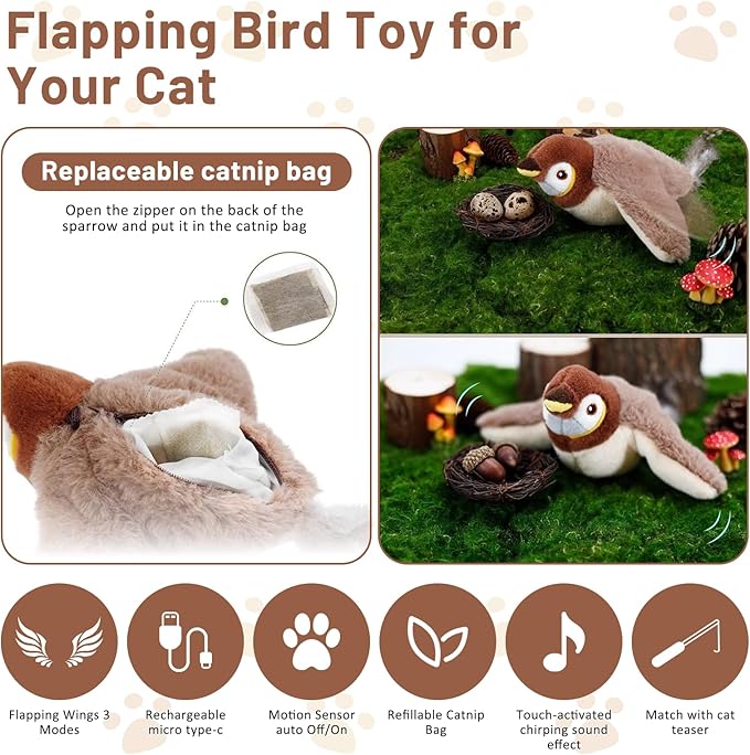Esoes Cat Toys Flapping Bird (No Flying), Rechargeable Interactive Chirping Bird Cat Toy, Interactive Cat Exercise Toys for All Breeds Cat Kicker Catnip Toys