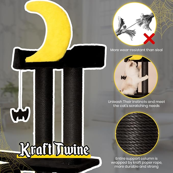 Happy&Polly Gothic Cat Tree- Black Cat Tower with Spacious Private Basket Bed, Natural Sisal Scratch Post& Climbing Ladder with Hanging Bat Toy,Multi-Level Cat Activities Furniture for Perching