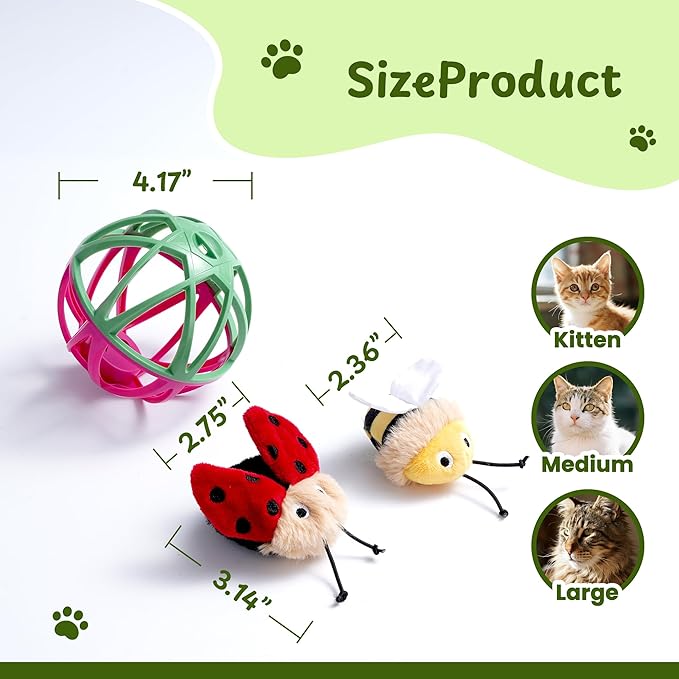 Cat Toys for Indoor Cats - Interactive Ball Cage Cat Toy with Realistic Insect Sounds & 2 Catnip Plush Toys, Motion-Activated Hunting Simulation Toy for Cats