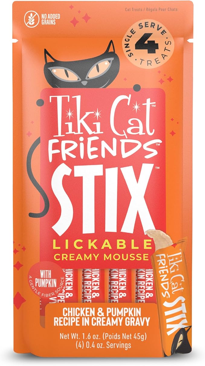 Tiki Cat Friends Stix Mousse Treats, Single Serve Lickable Treat or Dry Food Topper, with Chicken & Pumpkin in Gravy, 1.6 oz. Pouch