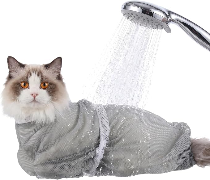 Cat Bag for Bath, Multifunctional Breathable Mesh Cat Bathing Bag, Adjustable Scratching Proof Restraint Accessories for Washing, Nail Trimming, Grooming, Vet Visits (Gray)