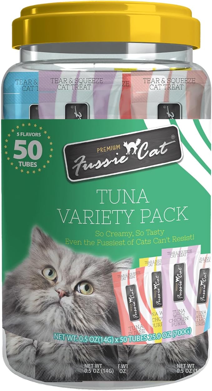 Fussie Cat, 0.5 Ounces Each, 50 Tubes, Tuna Variety 5 Flavors