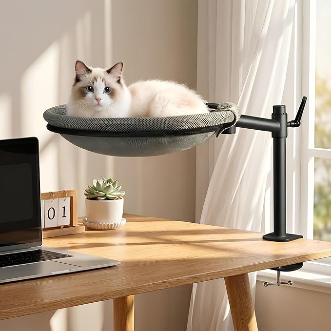 Cat Desk Bed - Sturdy Cat Bed for Desk with 360° Rotating & Adjustable Height, Elevated Cats Nest Perch for Desk, Grey