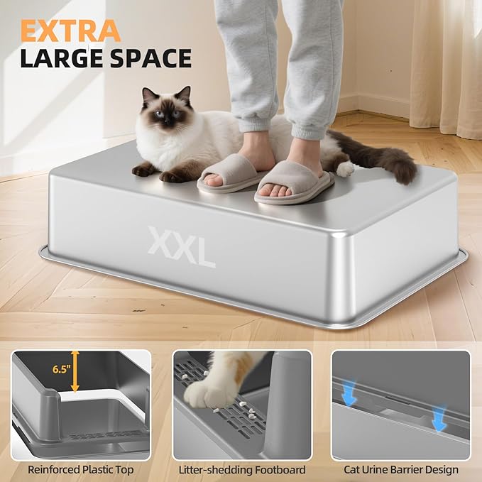 WoofiGo Enclosed Stainless Steel Cat Litter Box with Lid, XL Extra Large Litter Box for Big Cats, Metal Litter Pan High Sided, Never Absorbs Odors, Anti-Urine Leakage, Include Scoop (65-LightGray)