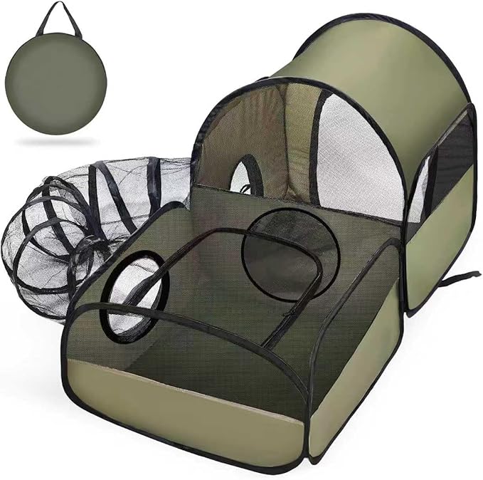 Portable Cat Playpen with Surround Tunnel, 2-Linked-Enclosed Areas, Ideal Cat Tent Outdoor or Cat Playpen for Indoor Cats Enclosed.Breathable Mesh Design for Indoor & Outdoor Use(Green)