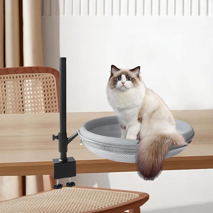 Cat Desk Bed Height Adjustable 360° Rotation Cat Perch for Desk Clamp Mount Elevated Kitten Furniture for Side Table Study Room- Mesh Cloth