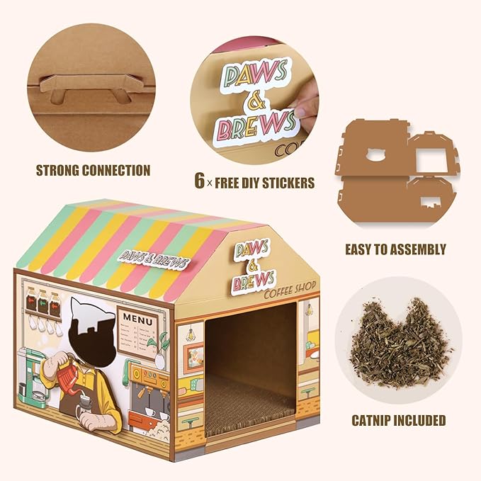 SEKAM Cardboard Cat House with Scratcher/Catnip, (16.5''x12''x15'') Kitty Coffee Shop for Indoor/Outdoor Cats, Cat Play House&Home Decor, Cat Scratch Toy for Birthday, Hideout for Bunny Small Animals
