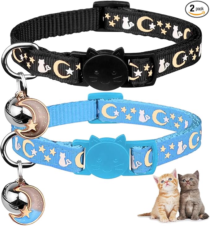 Baeuppit 2PCS Breakaway Cat Collars with Bell Cute Kitty Glow in The Dark Adjustable Kitten Collars 7.9-13.0 Inch(Sky Blue&Black)