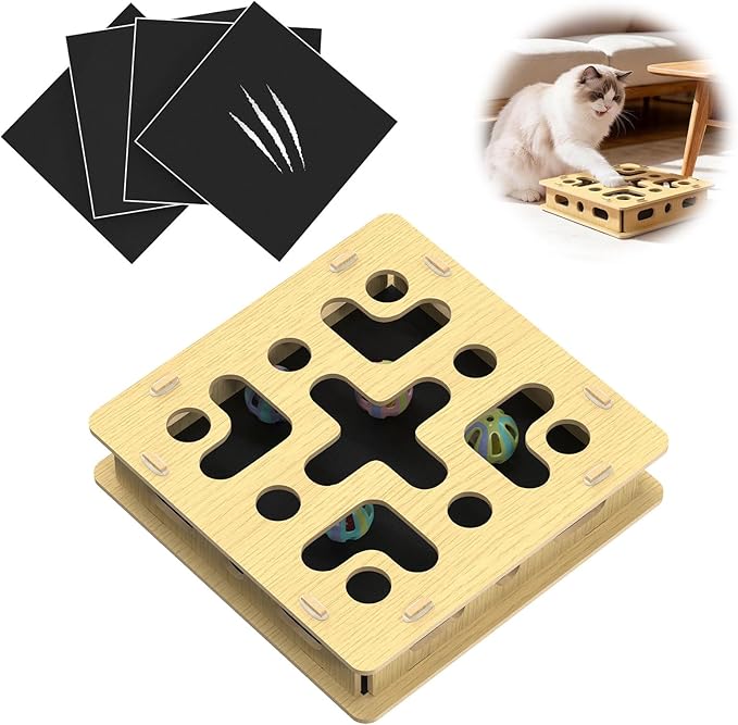 Cat Nail File Scratcher Box with 5 Sandpaper Pads & 4 Bell Balls, EIODEAR Sturdy Wood Cat Nail Scratcher to File Nails, Cat Toy Filer Toy for Treat-Motivated Cats, Included Silicone Security Rings